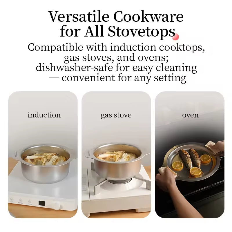 Non-abrasive Stainless Steel Cookware Set With Multifunctional Lids, Suitable For Gas Stoves And Induction Cooktops