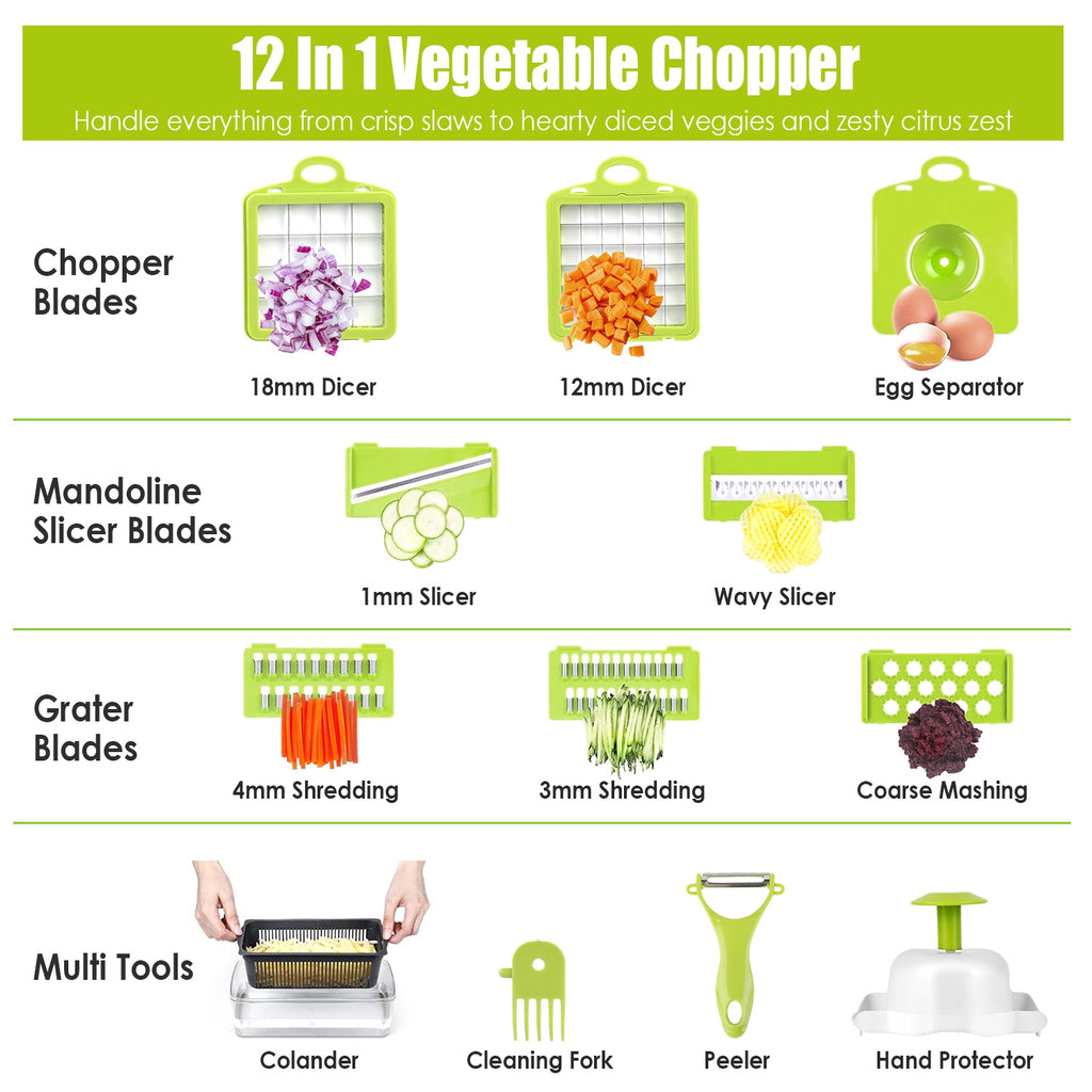 1Set 12 In 1 Vegetable Chopper With Container Kitchen Food Slicer Dicer Grater Peeler Egg Separator Hand Protector For Onion Salad Potato