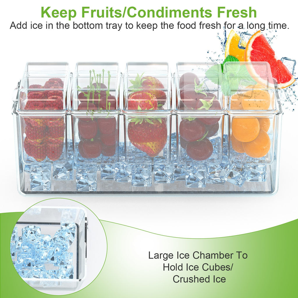 1Set Ice Chilled Condiment Caddy Serving Tray Container Bar Garnish Holder Salad Platter Server Food Storage With 5 Removable Containers 5 Lids 2 Tongs 5 Sporks