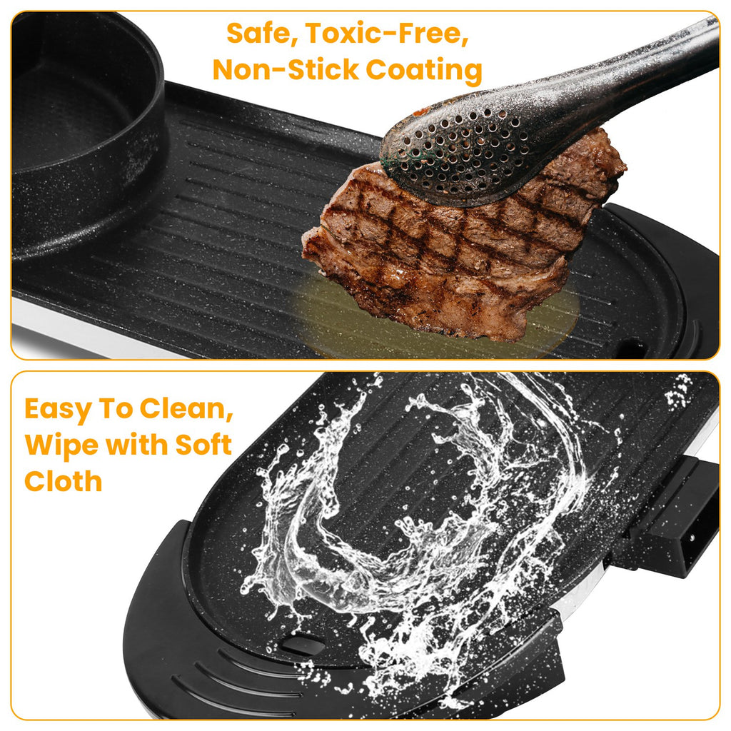 2200W  2 In 1 Electric Hot Pot With BBQ Grill Cooker Smokeless Non-Stick Korean BBQ Grill Shabu Shabu Hot Pot With Independent Temperature Control 5 Gears Firepower For 2-10 People