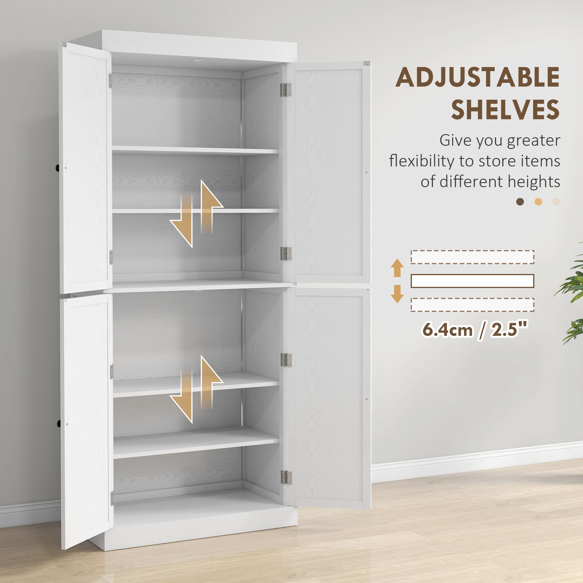 72" Kitchen Cabinet, Pantry Storage Cabinet with Doors and Shelves, Freestanding Food Pantry Cabinet, White Wood Grain