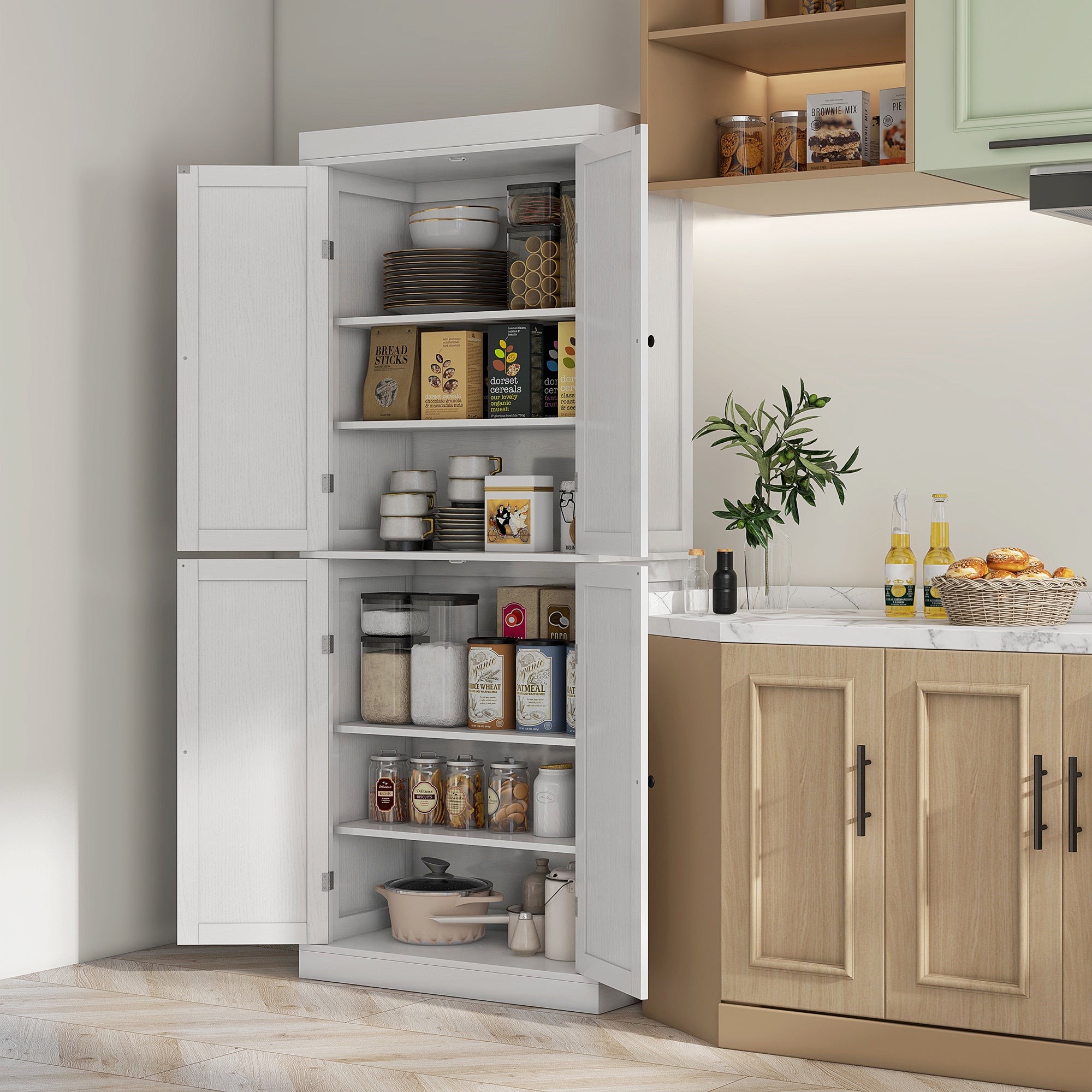 72" Kitchen Cabinet, Pantry Storage Cabinet with Doors and Shelves, Freestanding Food Pantry Cabinet, White Wood Grain