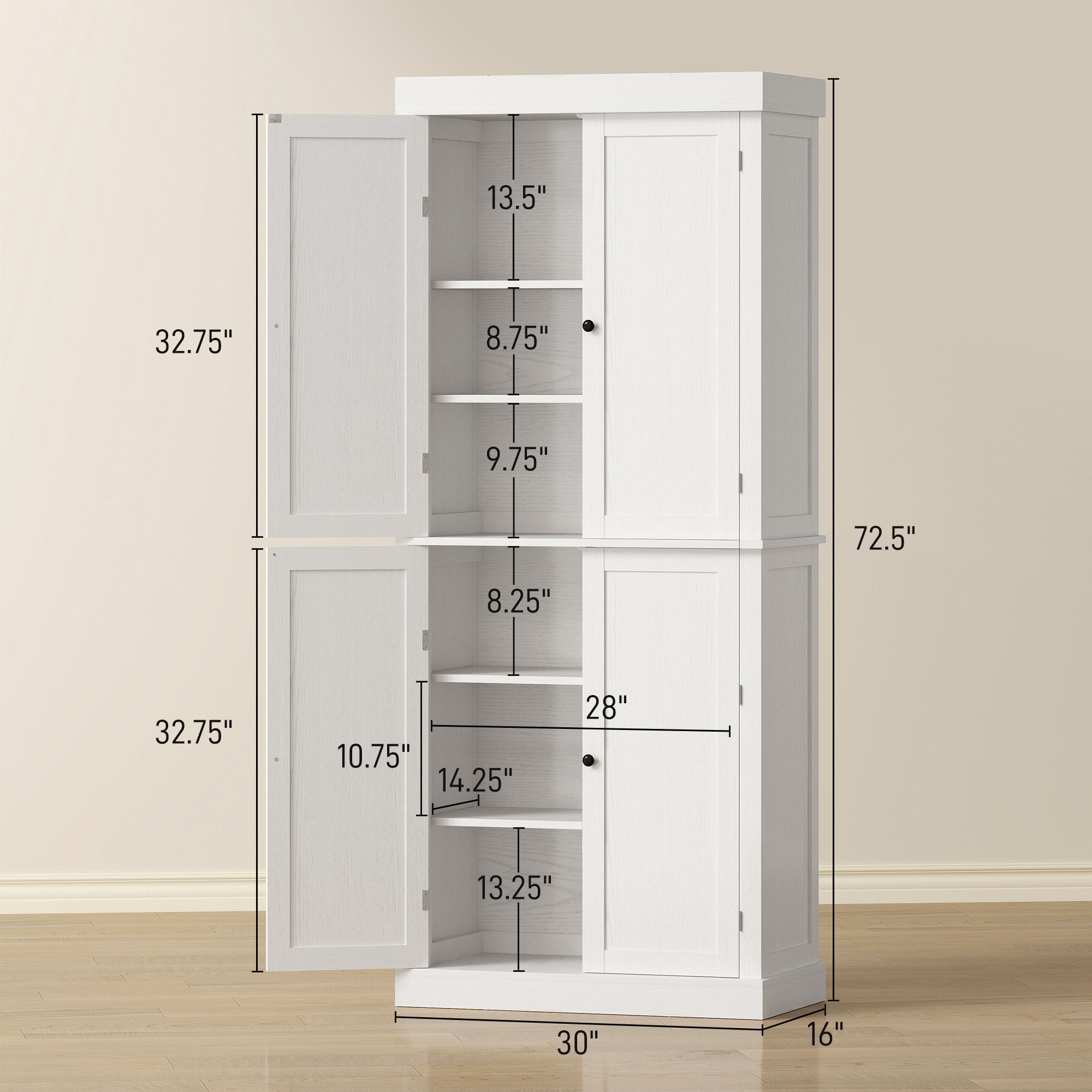 72" Kitchen Cabinet, Pantry Storage Cabinet with Doors and Shelves, Freestanding Food Pantry Cabinet, White Wood Grain