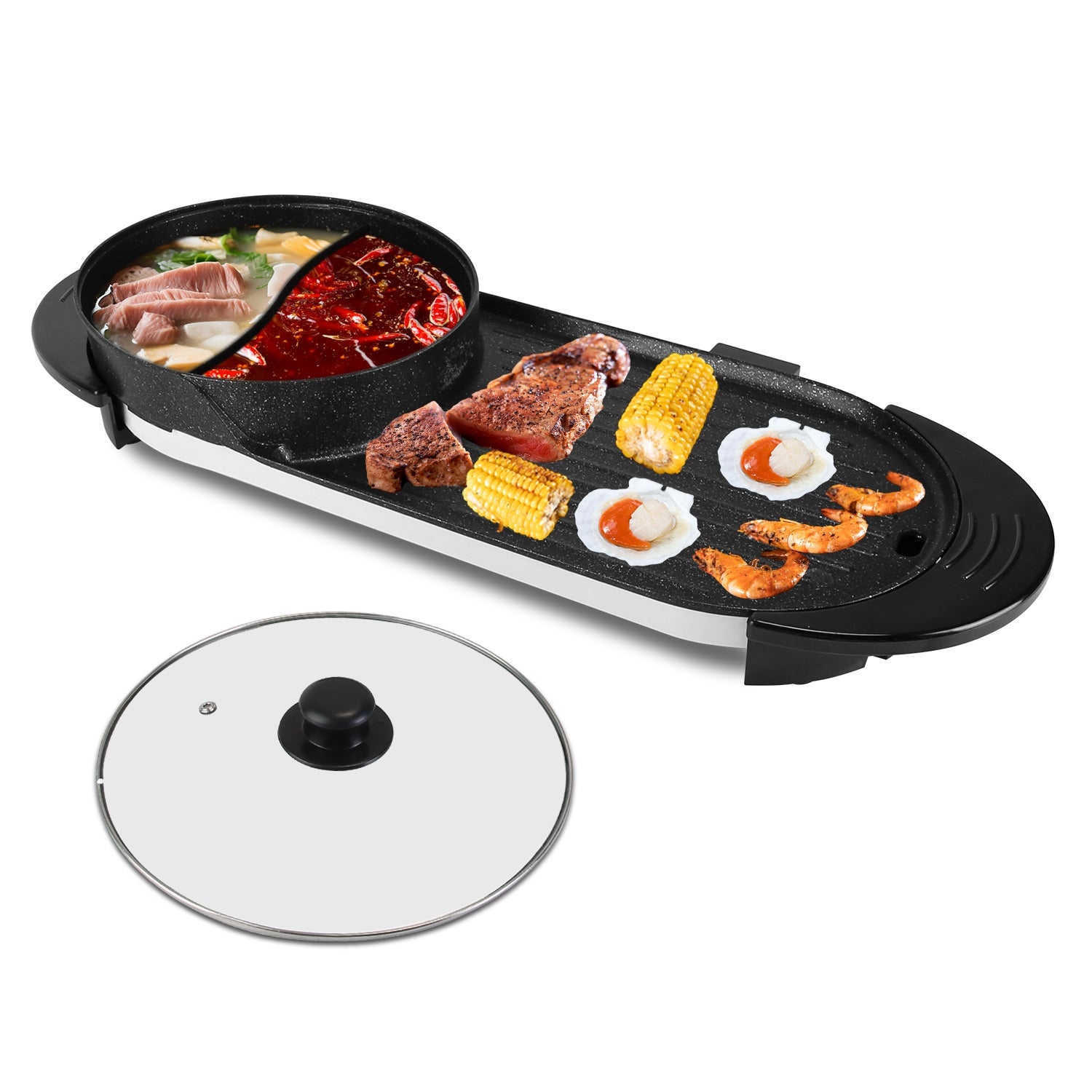 2200W  2 In 1 Electric Hot Pot With BBQ Grill Cooker Smokeless Non-Stick Korean BBQ Grill Shabu Shabu Hot Pot With Independent Temperature Control 5 Gears Firepower For 2-10 People
