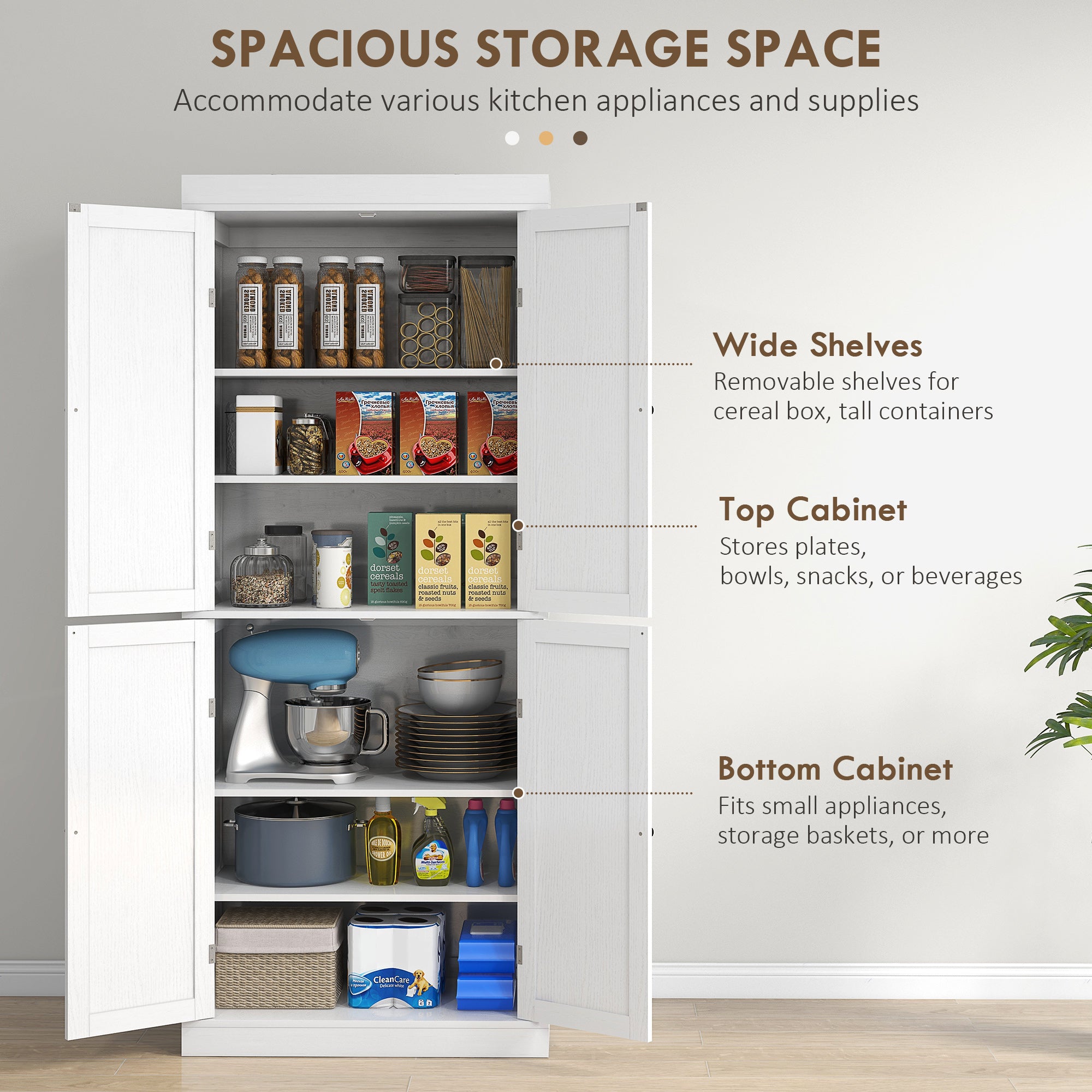 72" Kitchen Cabinet, Pantry Storage Cabinet with Doors and Shelves, Freestanding Food Pantry Cabinet, White Wood Grain