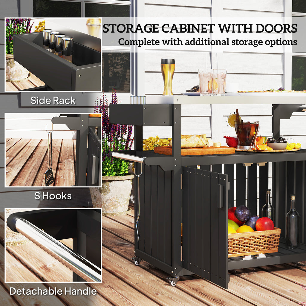 Outdoor Bar Cart With Storage, Stainless Steel Outdoor Bar Table Top, Wheeled HDPE Kitchen Island For Food Prep, Black